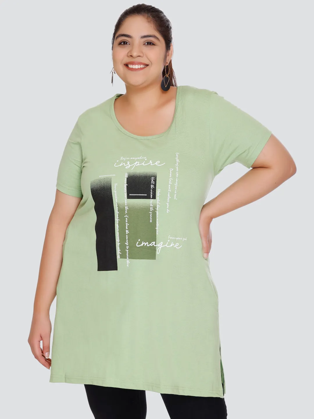 Plus Size Long T-shirt For Women - Half Sleeve - Green