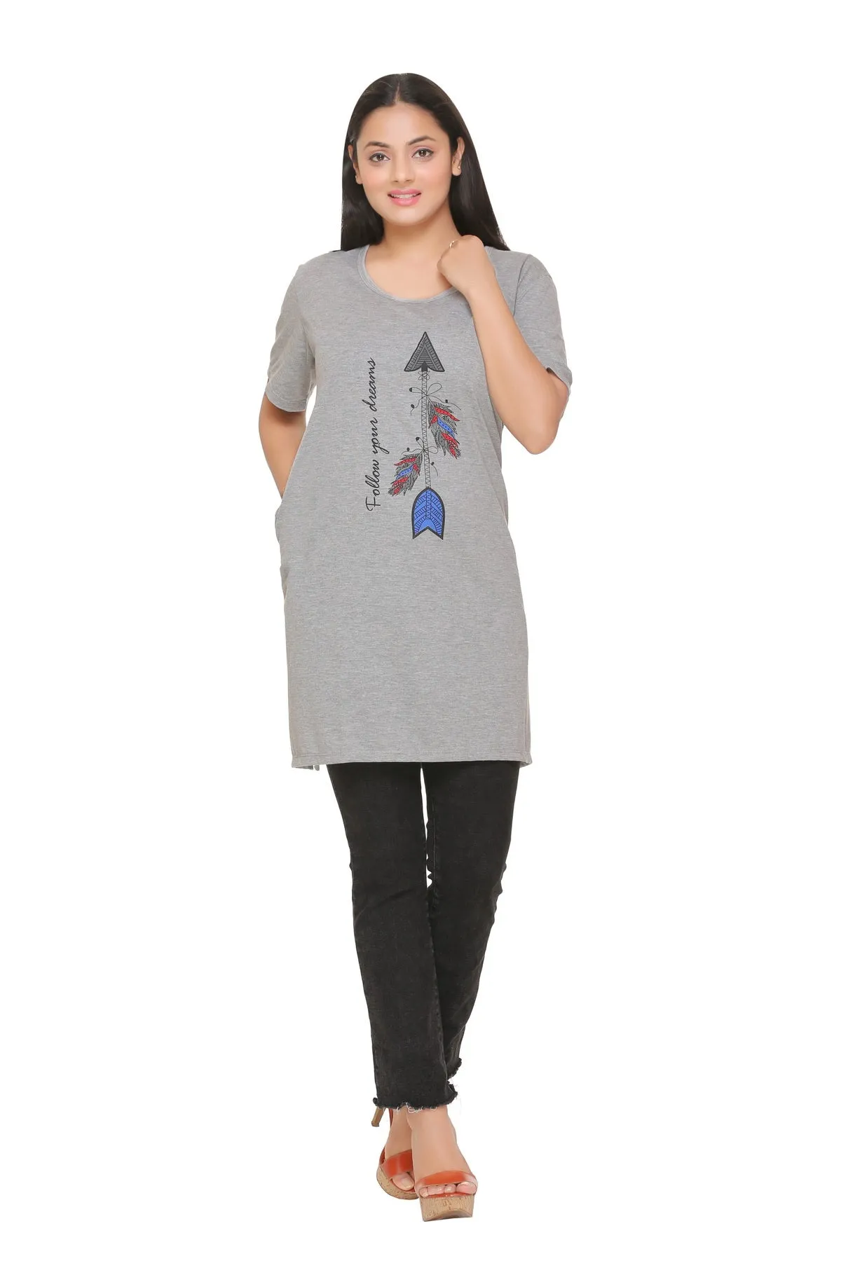 Plus Size Long T-shirt For Women - Half Sleeve - Grey