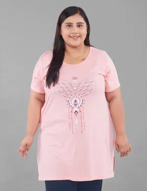 Plus Size Long T-shirt For Women - Half Sleeve -  Pink