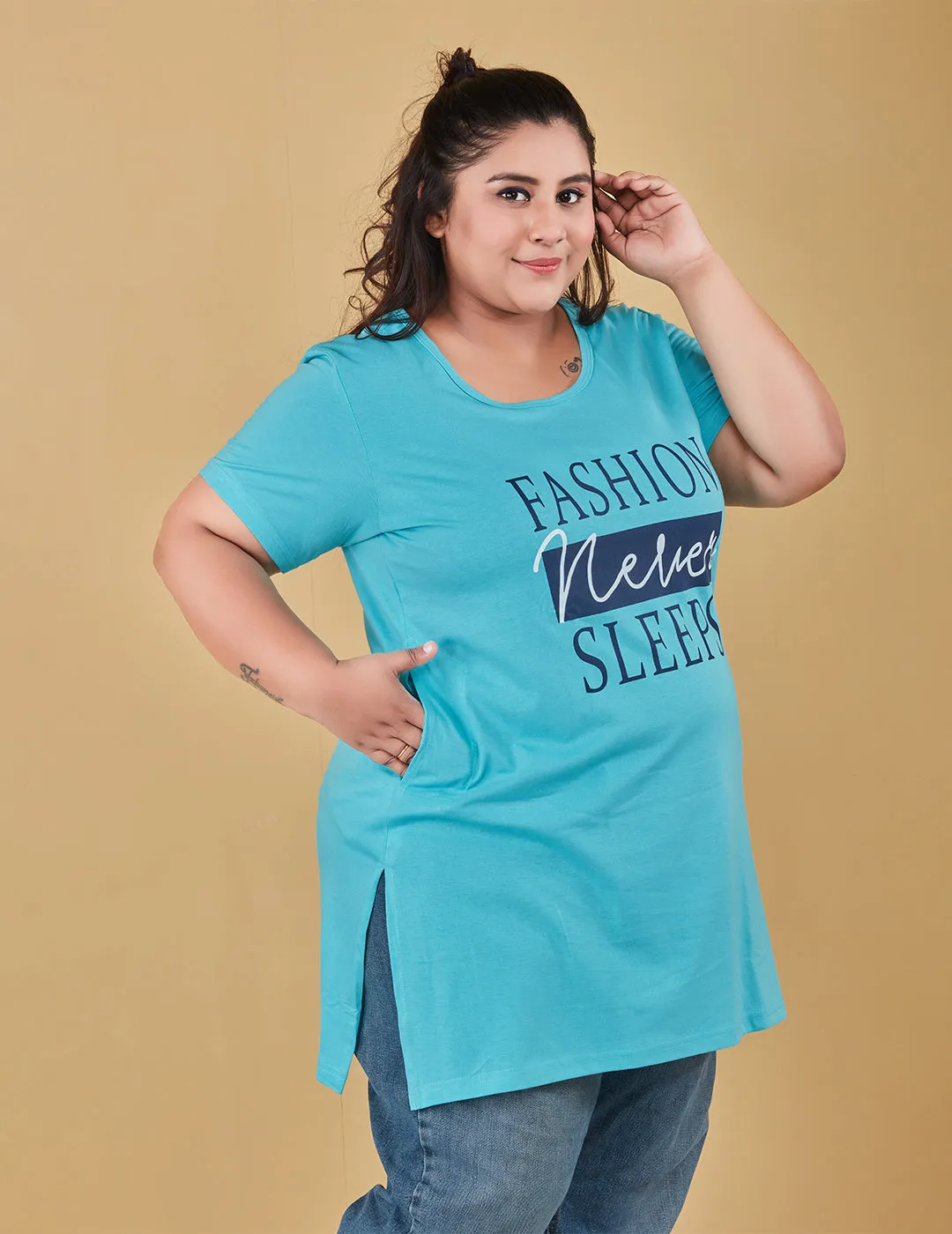 Plus Size Long T-shirt For Women - Half Sleeve - Turquoise