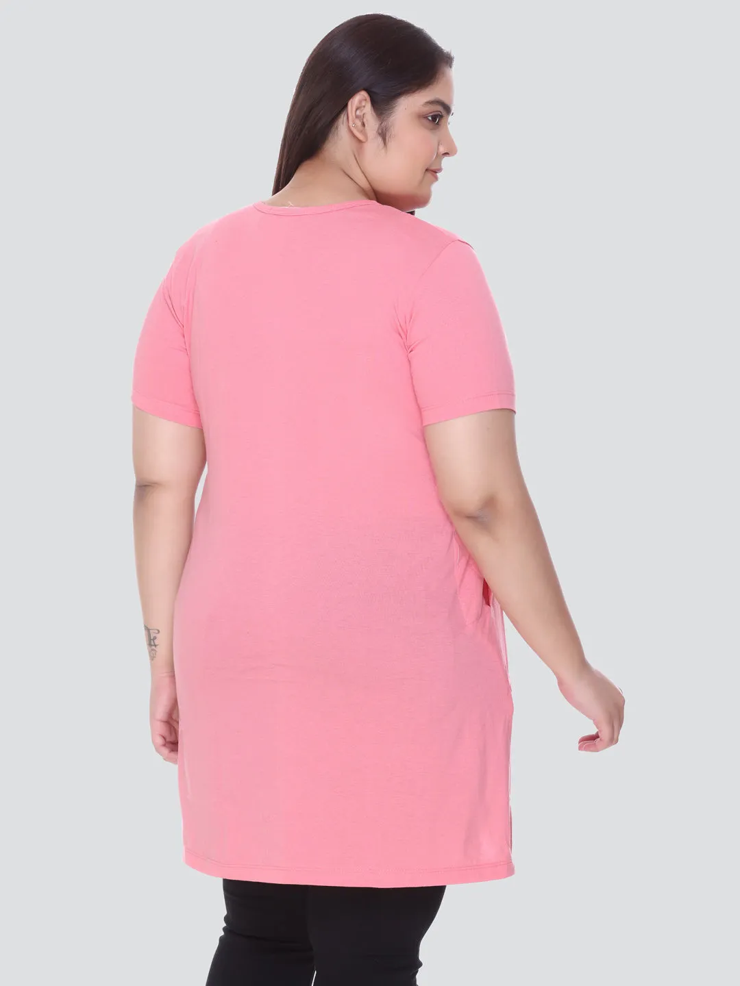 Plus Size Long T-shirt For Women - Half Sleeves - Blush Pink