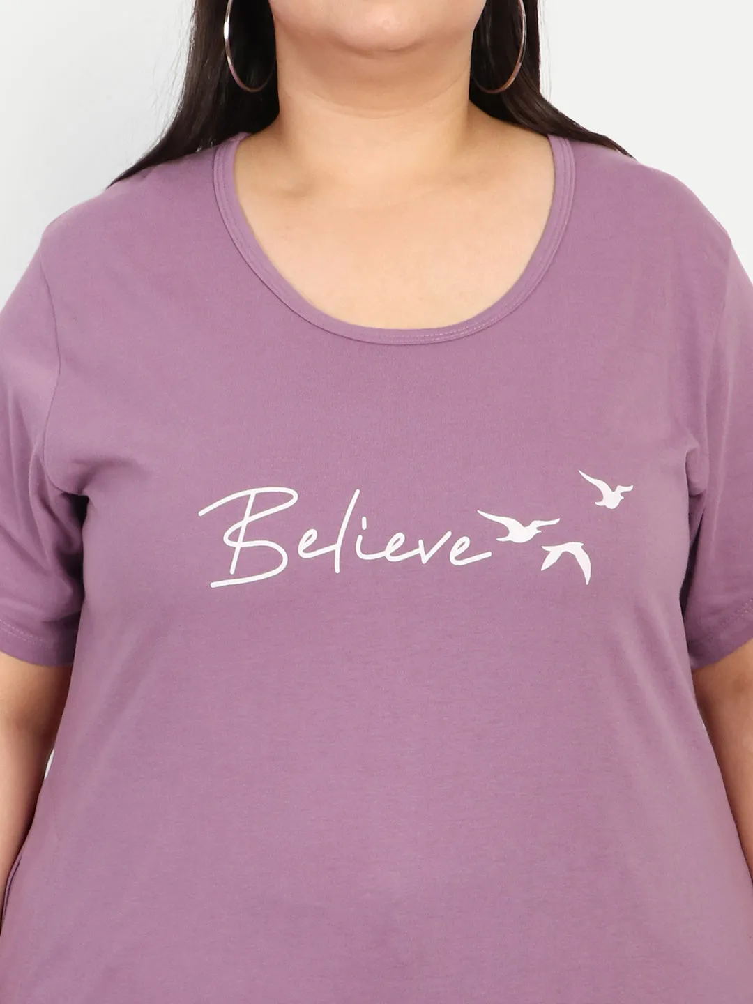 Plus Size Long T-shirt For Women - Half Sleeves - Lavender