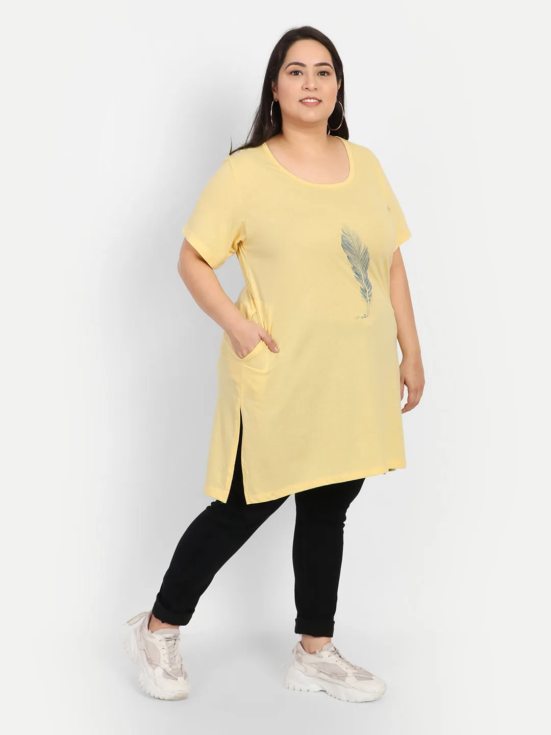 Plus Size Long T-shirt For Women - Half Sleeves - Lemon Yellow