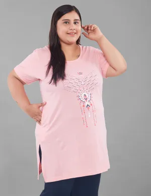 Plus Size Long T-shirt For Women - Half Sleeves - Peach