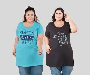 Plus Size Long T-shirts For Women - Half Sleeve - Pack of 2 (Black & Turquoise)