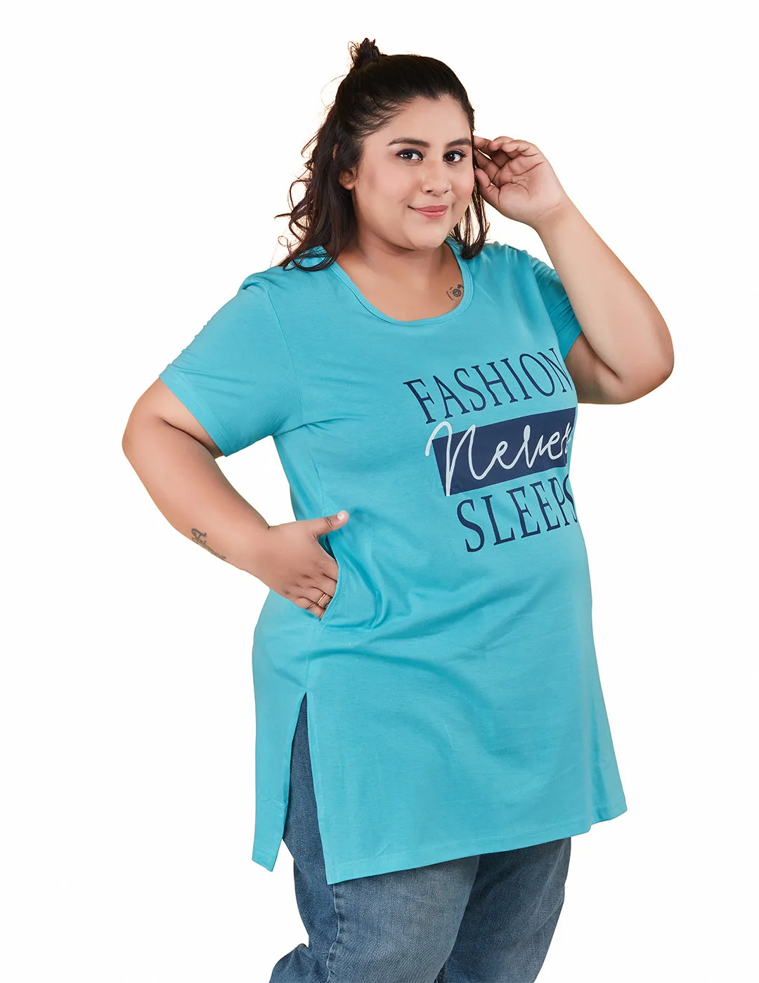 Plus Size Long T-shirts For Women - Half Sleeve - Pack of 2 (Black & Turquoise)