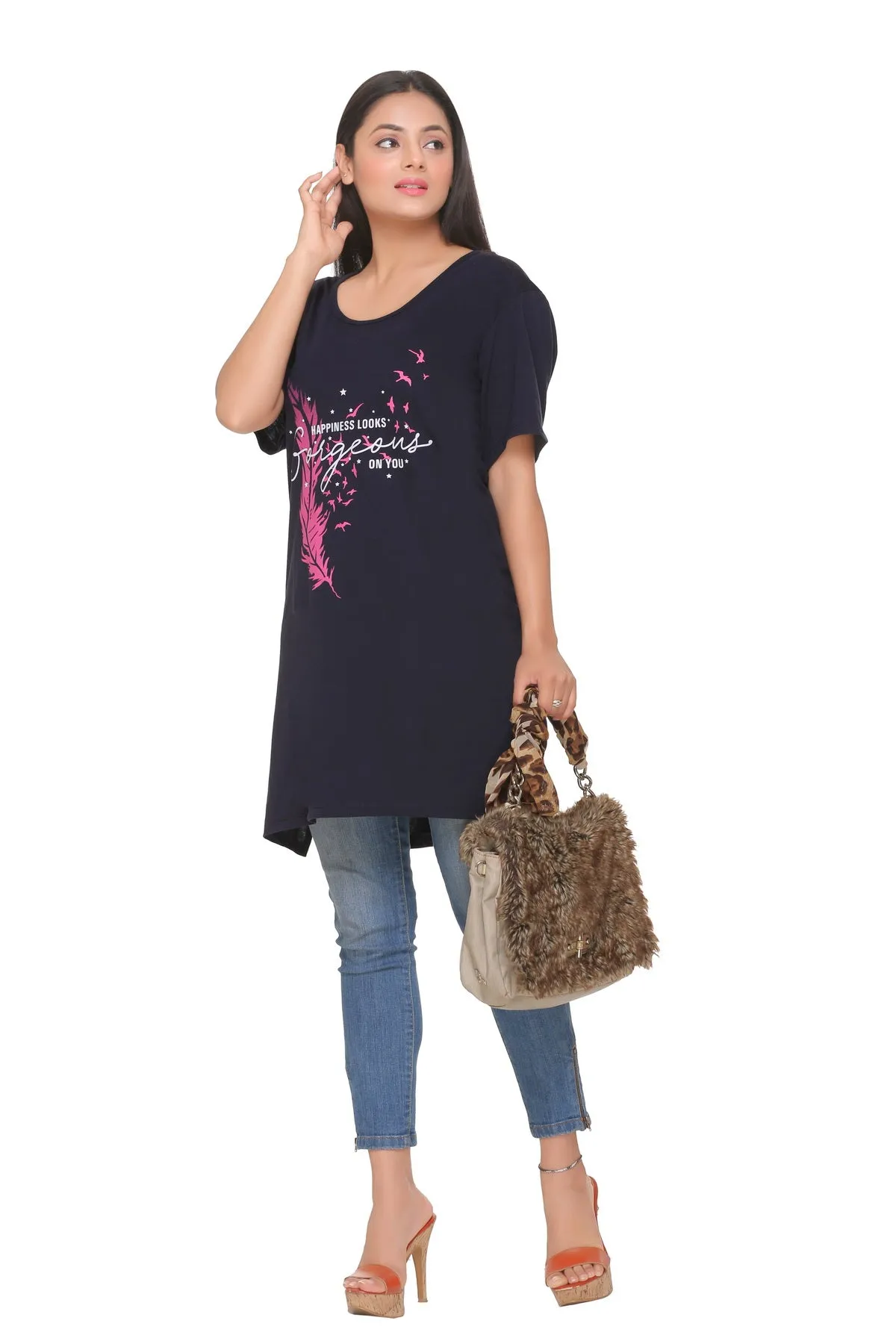 Plus Size Long T-shirts For Women - Half Sleeve - Pack of 2 (Navy Blue & Punch Pink)