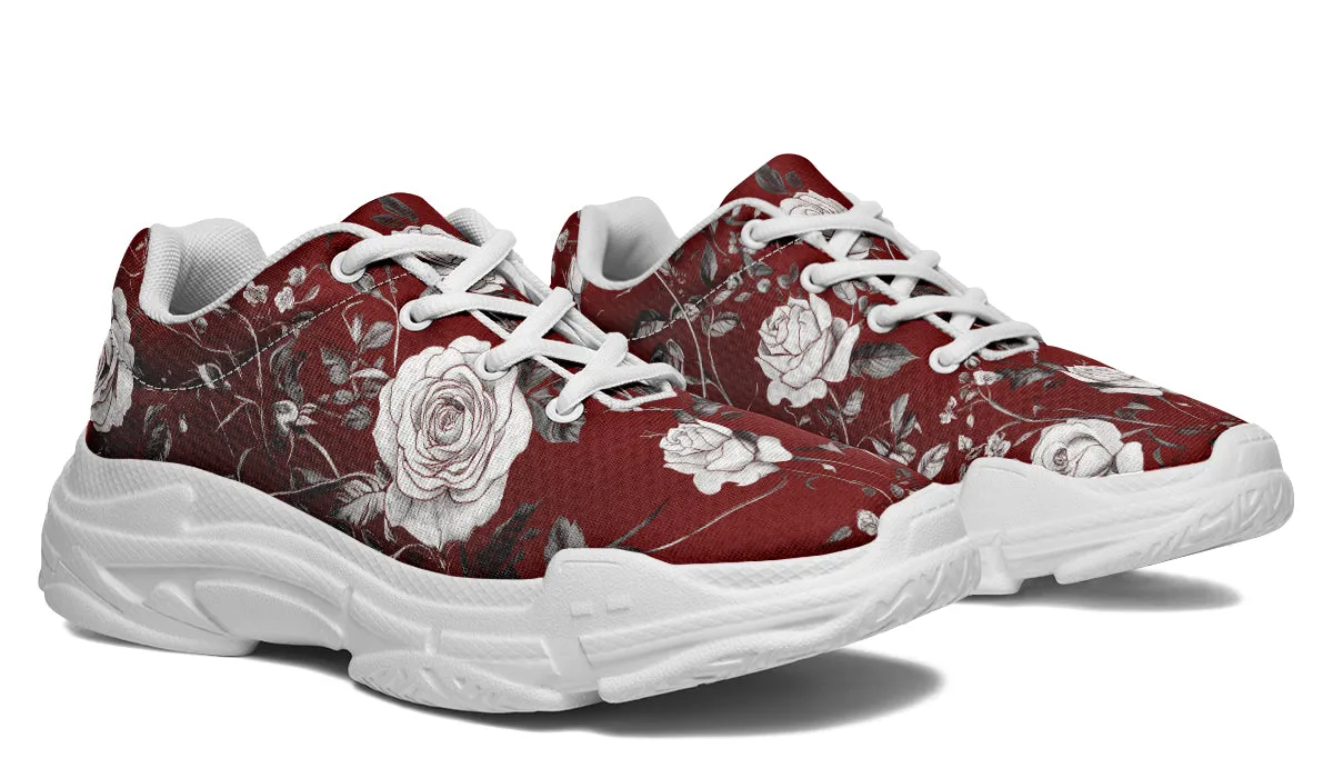 Red Rose Romance Chunky Sneakers - Light Breathable and Comfortable Sports Shoes with Platform Soles