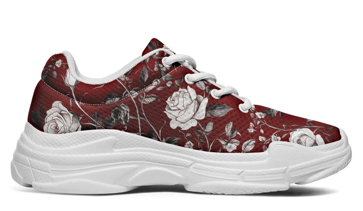 Red Rose Romance Chunky Sneakers - Light Breathable and Comfortable Sports Shoes with Platform Soles