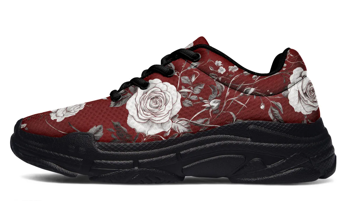 Red Rose Romance Chunky Sneakers - Light Breathable and Comfortable Sports Shoes with Platform Soles