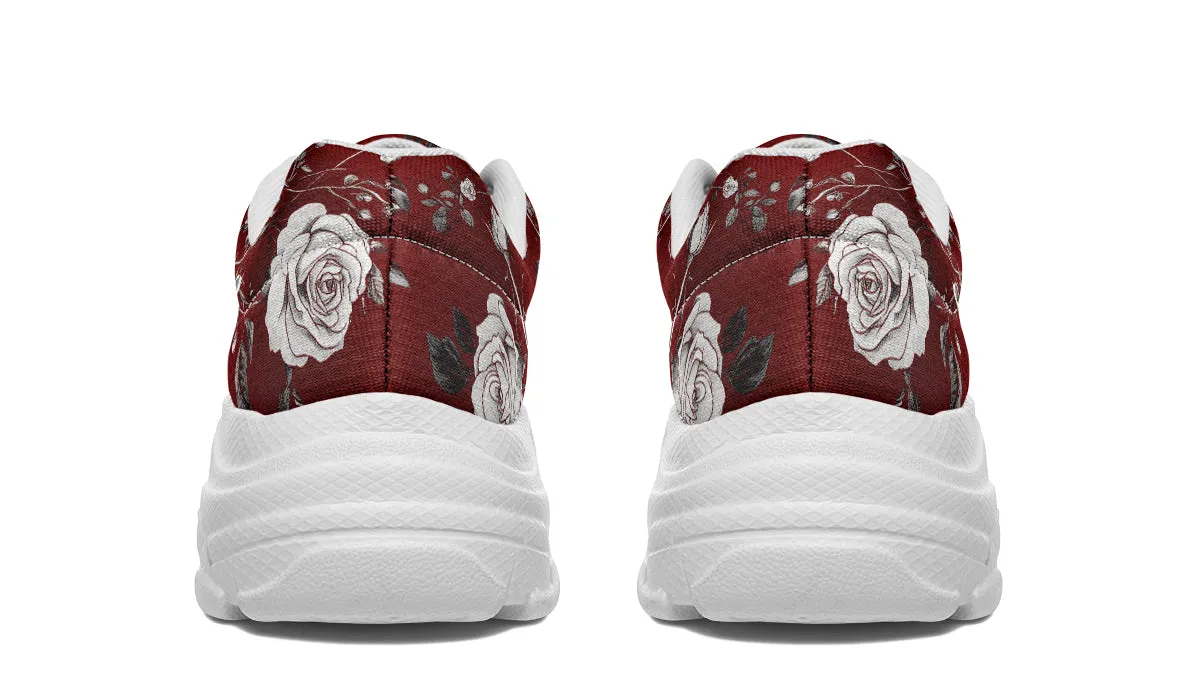 Red Rose Romance Chunky Sneakers - Light Breathable and Comfortable Sports Shoes with Platform Soles