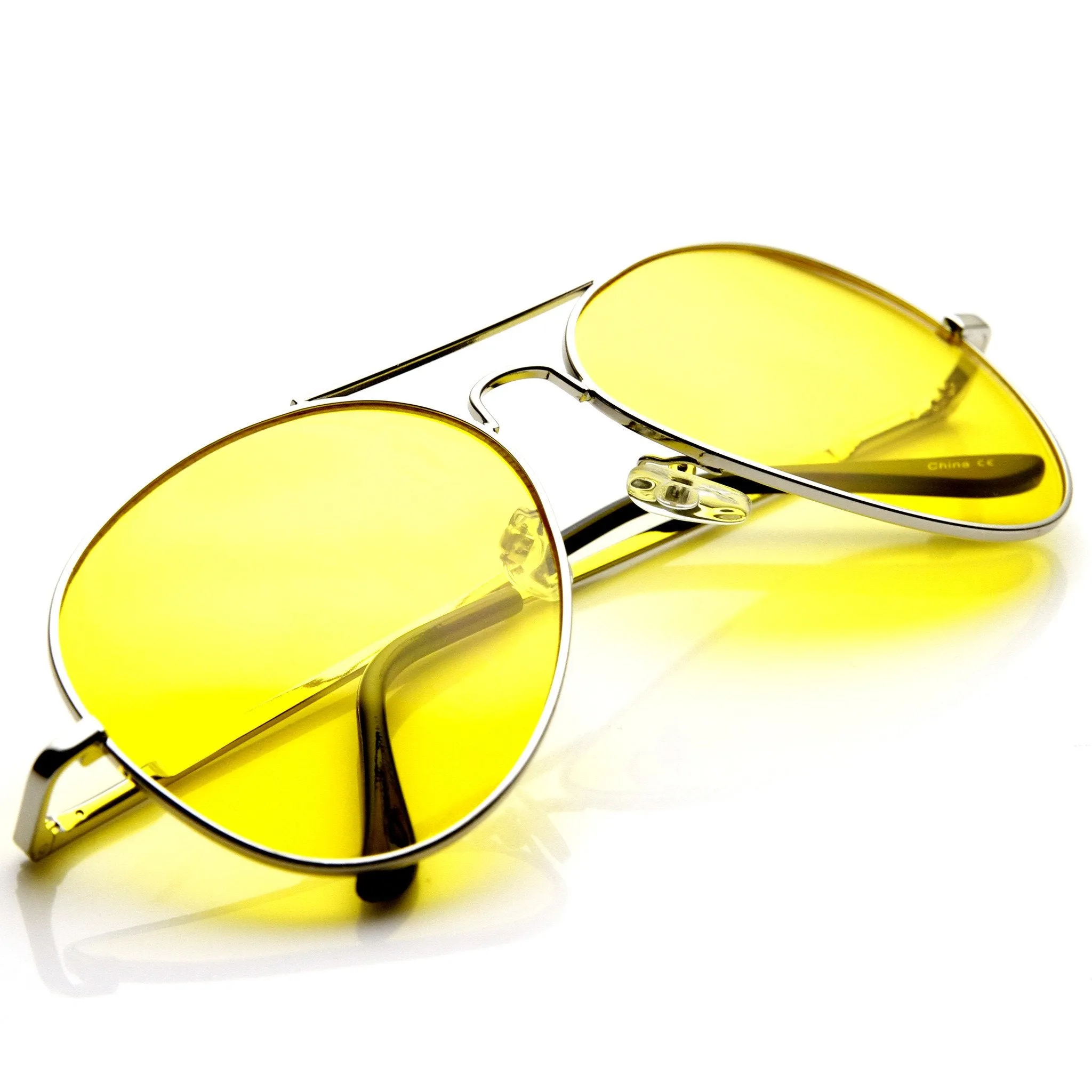 Retro Large Metal Aviator Sunglasses With Yellow Driving Lens 9461