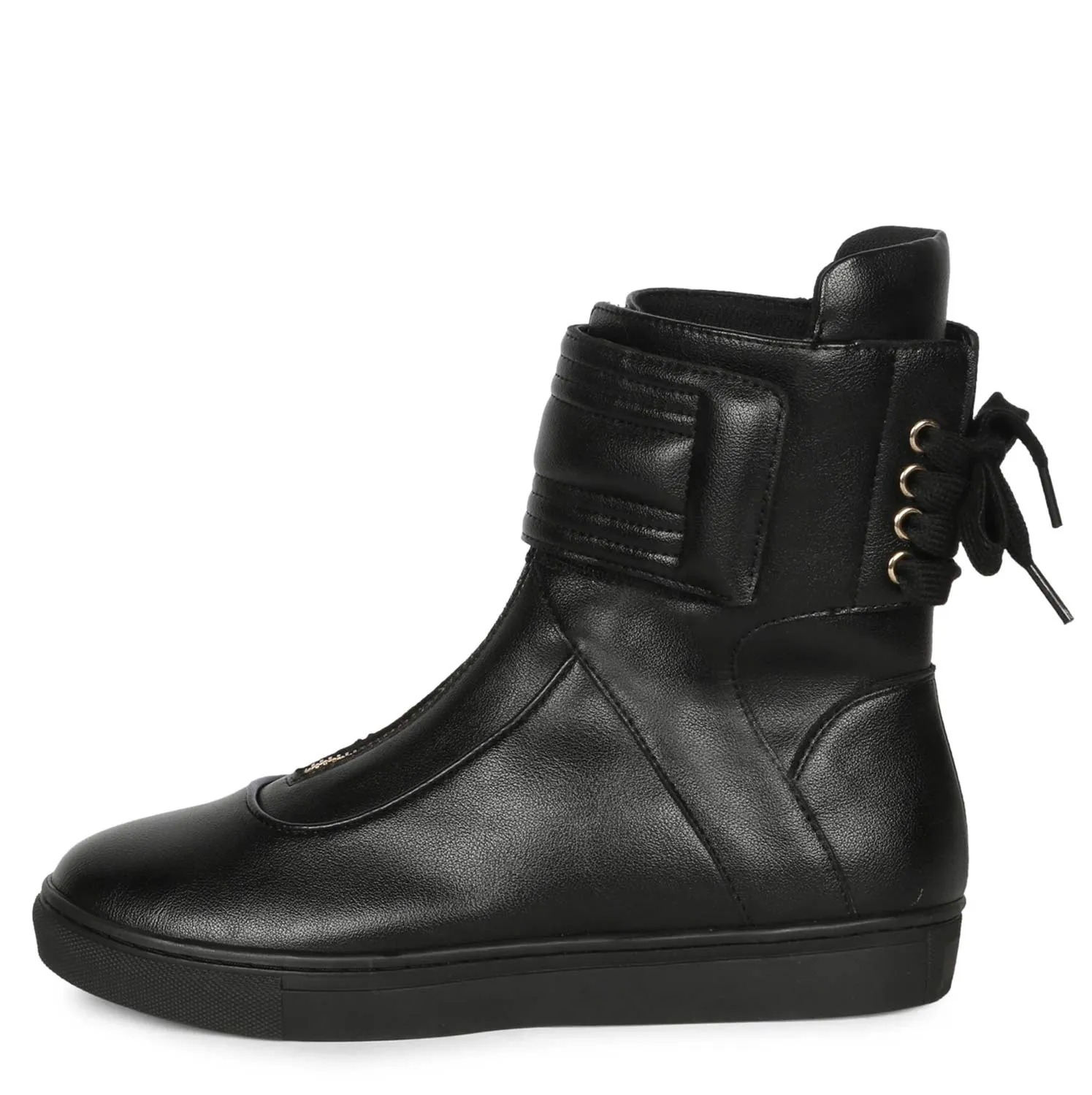 Saint Gabriella Black Leather Front Zipper Round Toe Heel Sneakers