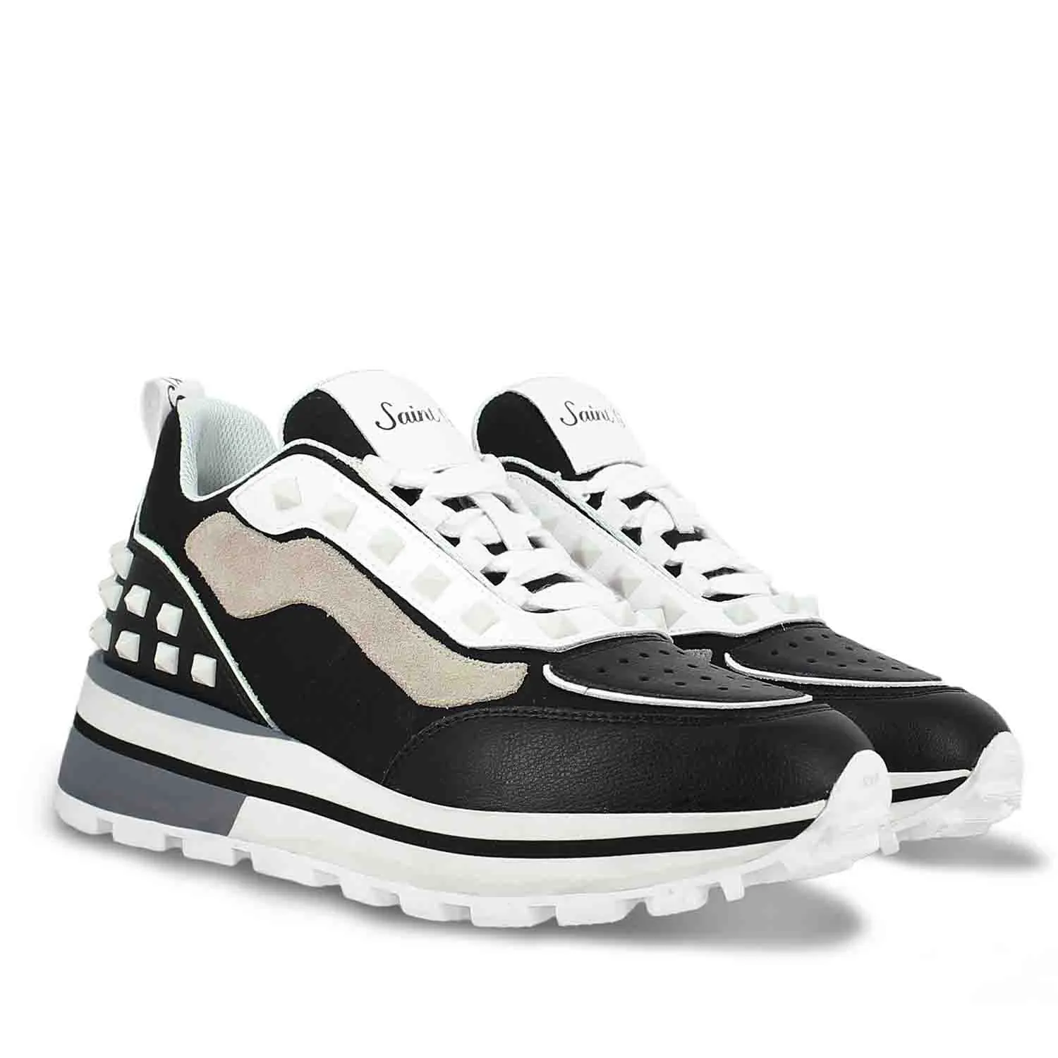 Saint Ginevra White Black Grey Leather Sneakers