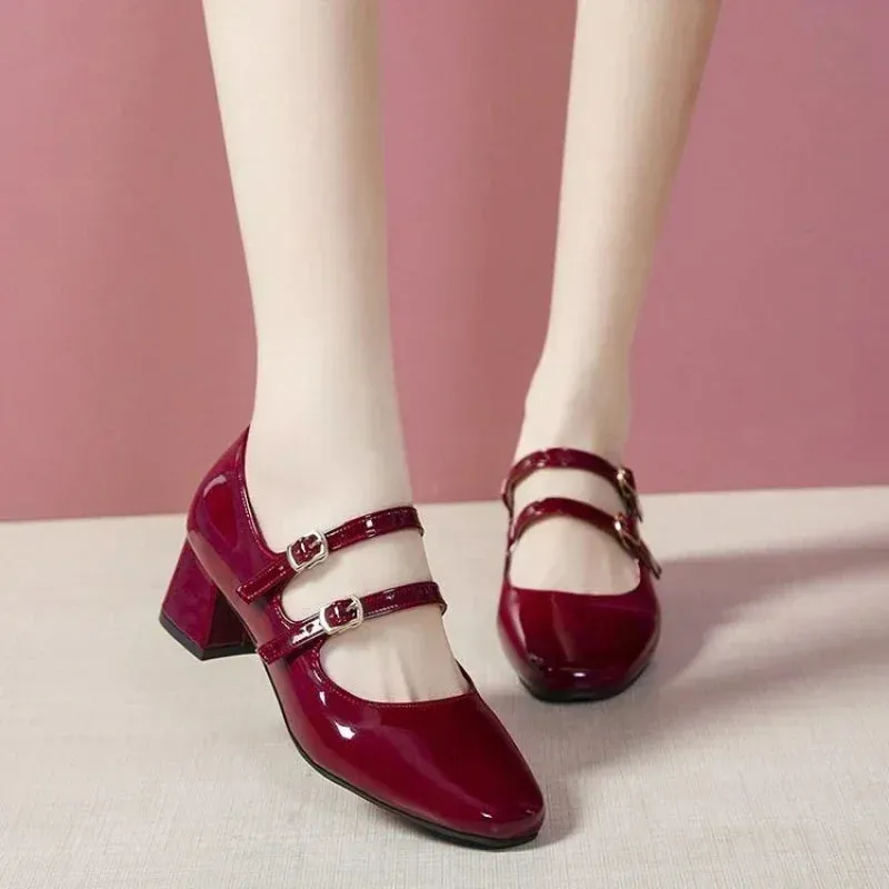 Square Toe Mary Jane Pumps Retro Buckle Strap Heels