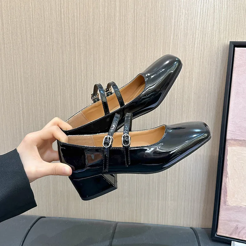 Square Toe Mary Jane Pumps Retro Buckle Strap Heels