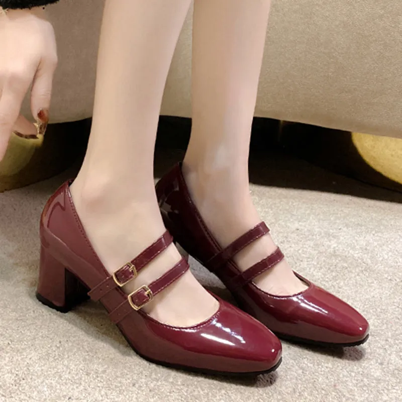 Square Toe Mary Jane Pumps Retro Buckle Strap Heels