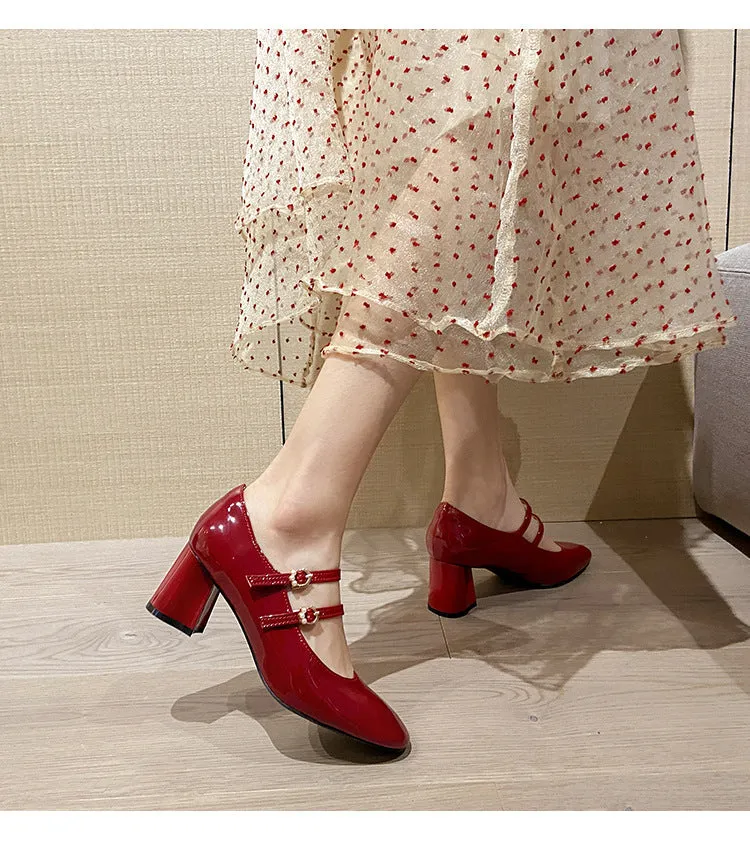 Square Toe Mary Jane Pumps Retro Buckle Strap Heels