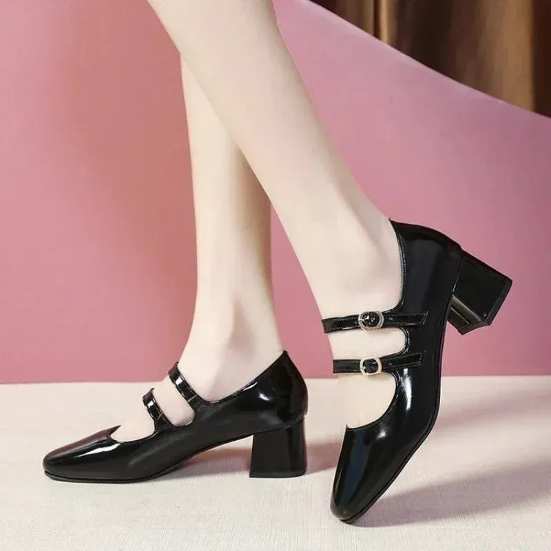 Square Toe Mary Jane Pumps Retro Buckle Strap Heels