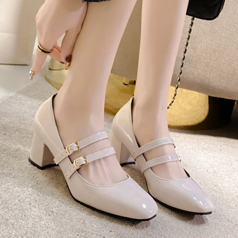 Square Toe Mary Jane Pumps Retro Buckle Strap Heels