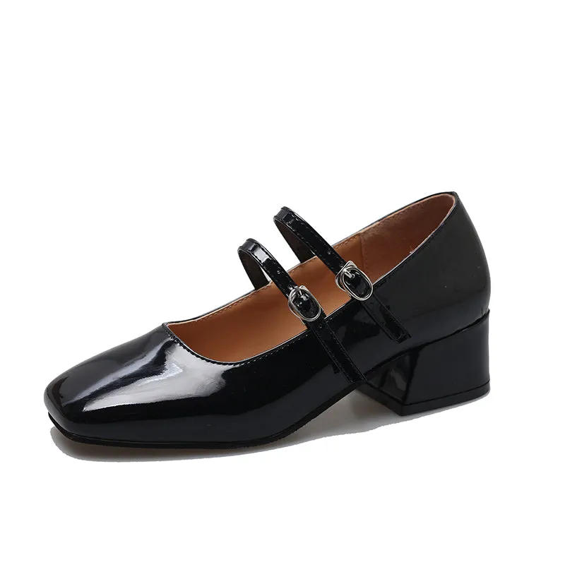 Square Toe Mary Jane Pumps Retro Buckle Strap Heels