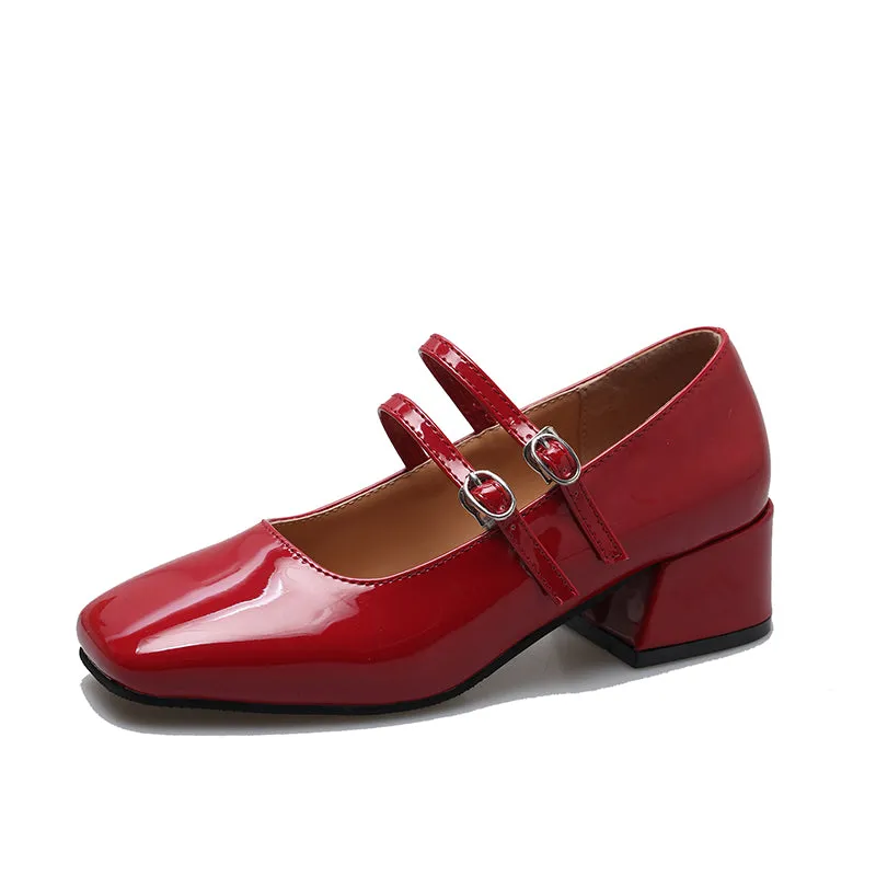 Square Toe Mary Jane Pumps Retro Buckle Strap Heels