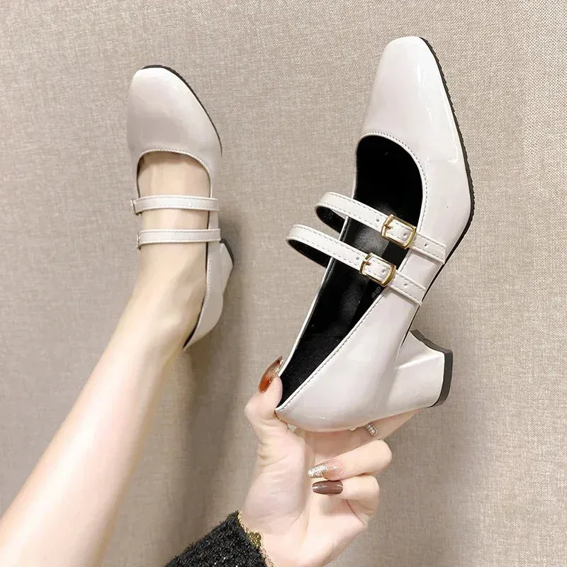 Square Toe Mary Jane Pumps Retro Buckle Strap Heels