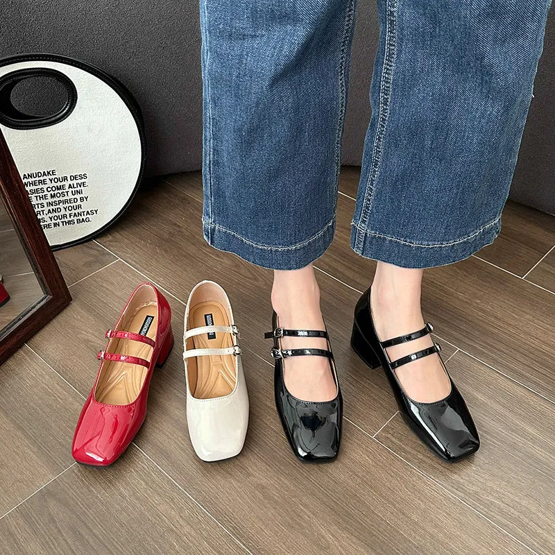 Square Toe Mary Jane Pumps Retro Buckle Strap Heels