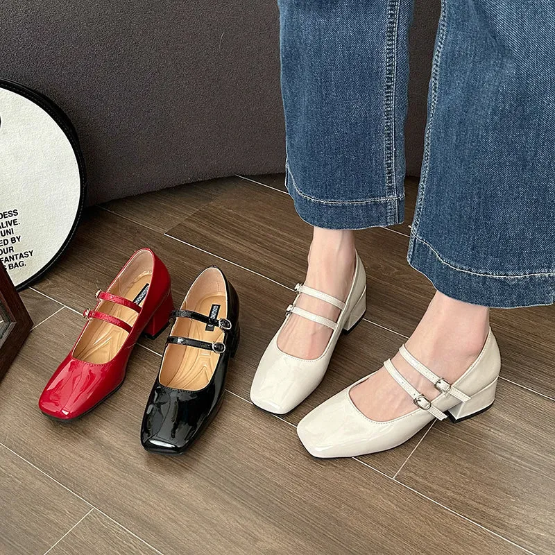 Square Toe Mary Jane Pumps Retro Buckle Strap Heels