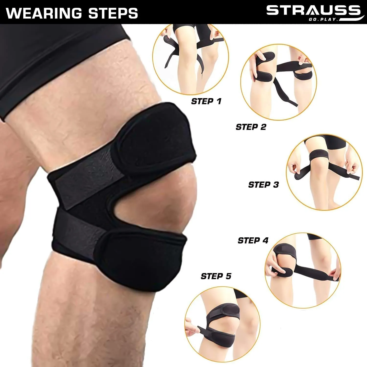 STRAUSS Adjustable Patella Knee Support Dual Strap | Compression Knee Brace for Men & Women | Breathable Material | Knee Straps for Gym, Fitness, Running, Sports, Injury Recovery | Pack of 2 (Black)