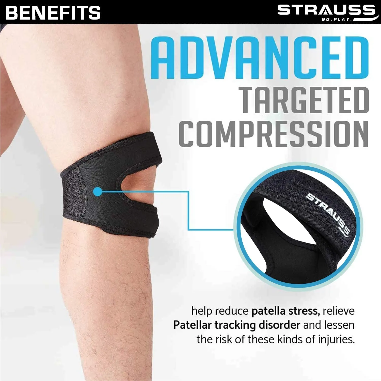 STRAUSS Adjustable Patella Knee Support Dual Strap | Compression Knee Brace for Men & Women | Breathable Material | Knee Straps for Gym, Fitness, Running, Sports, Injury Recovery | Pack of 2 (Black)