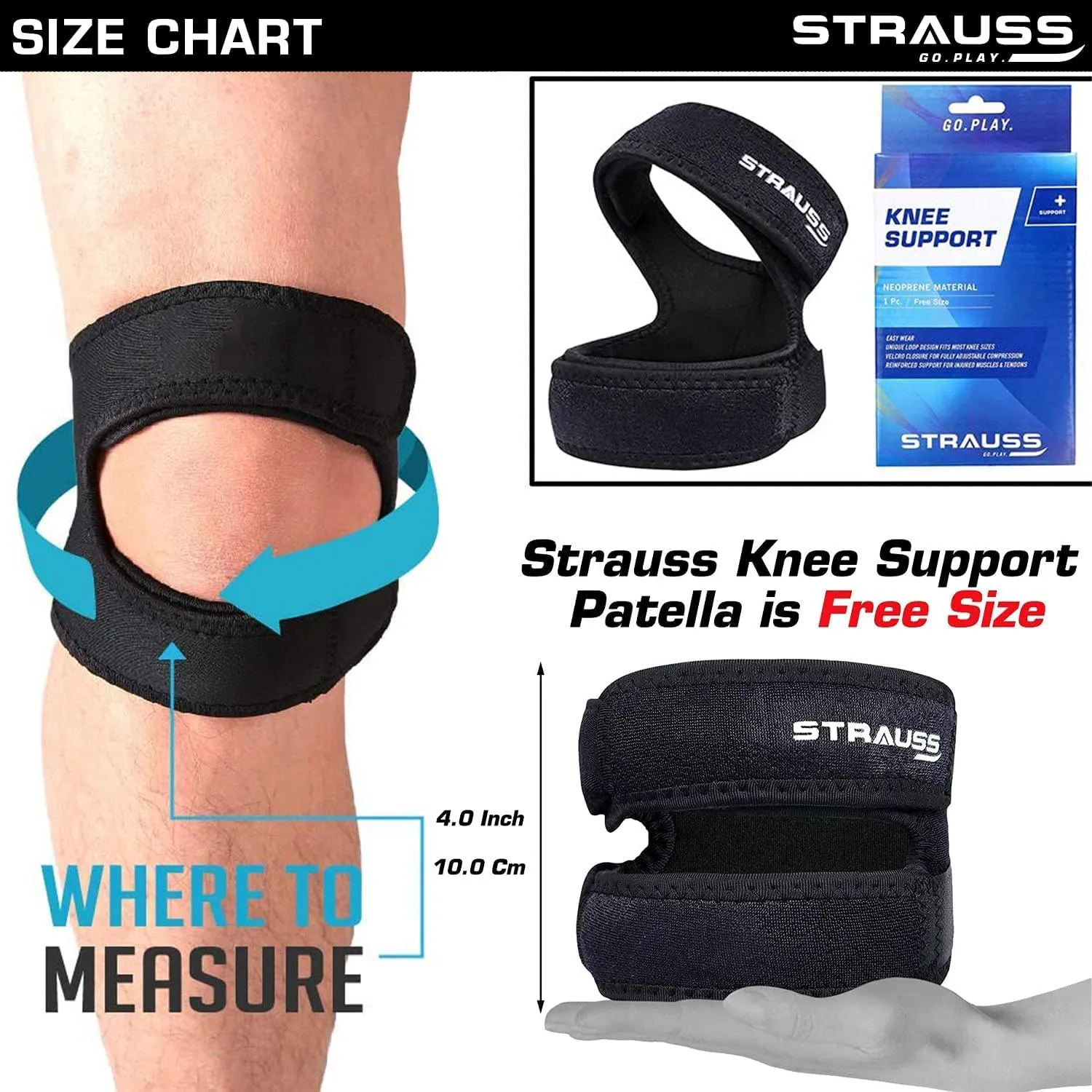 STRAUSS Adjustable Patella Knee Support Dual Strap | Compression Knee Brace for Men & Women | Breathable Material | Knee Straps for Gym, Fitness, Running, Sports, Injury Recovery | Pack of 2 (Black)