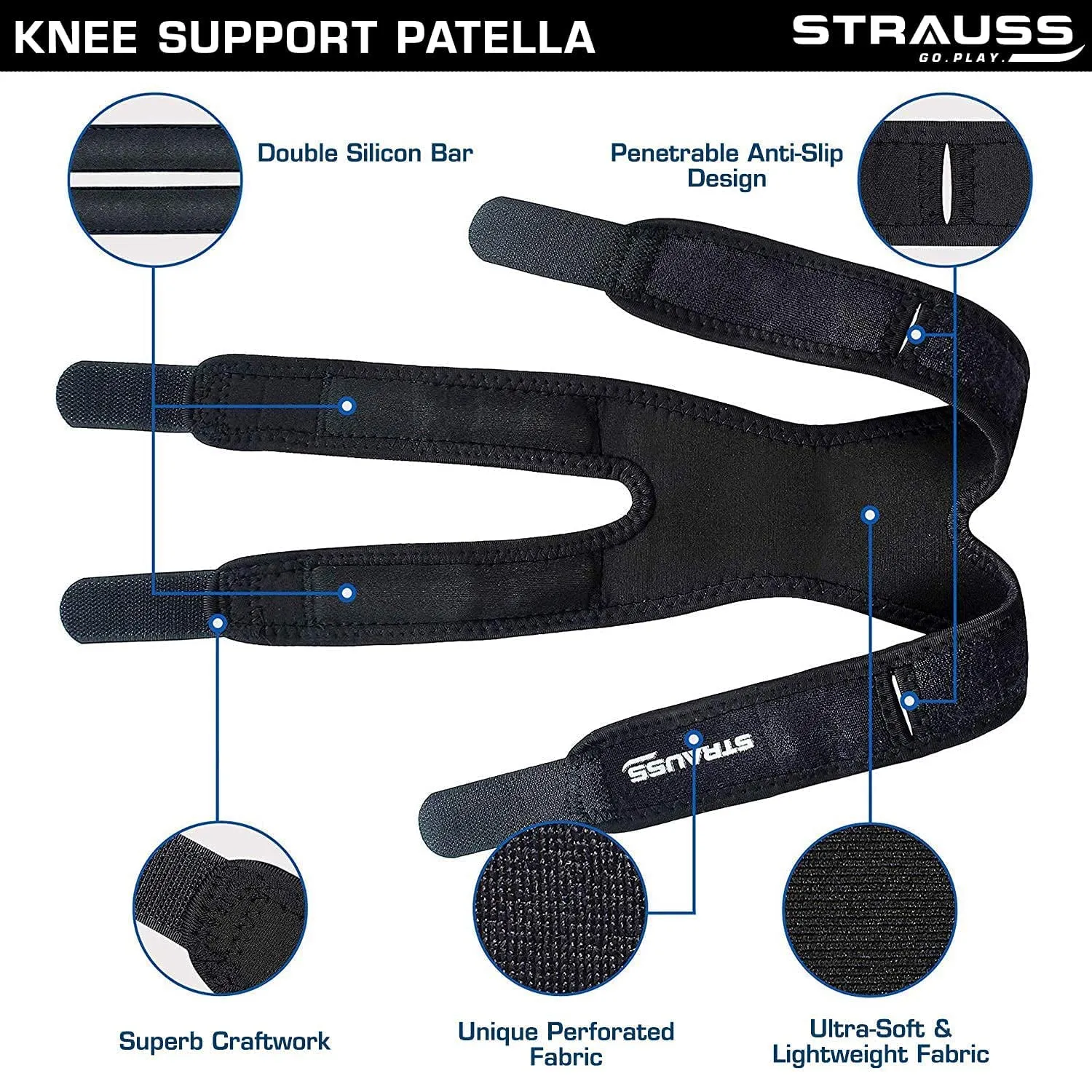 STRAUSS Adjustable Patella Knee Support Dual Strap | Compression Knee Brace for Men & Women | Breathable Material | Knee Straps for Gym, Fitness, Running, Sports, Injury Recovery | Pack of 2 (Black)