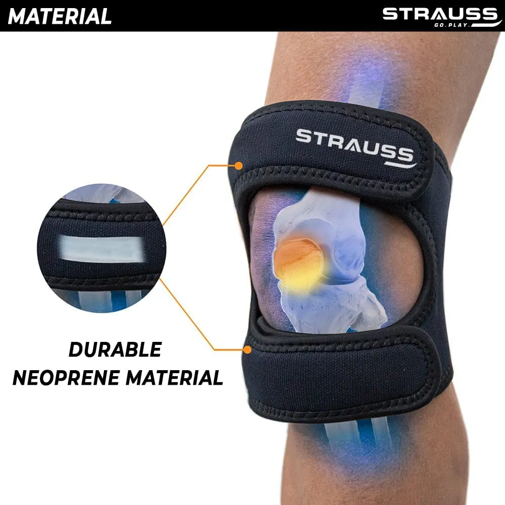 STRAUSS Adjustable Patella Knee Support Dual Strap | Compression Knee Brace for Men & Women | Breathable Material | Knee Straps for Gym, Fitness, Running, Sports, Injury Recovery | Pack of 2 (Black)