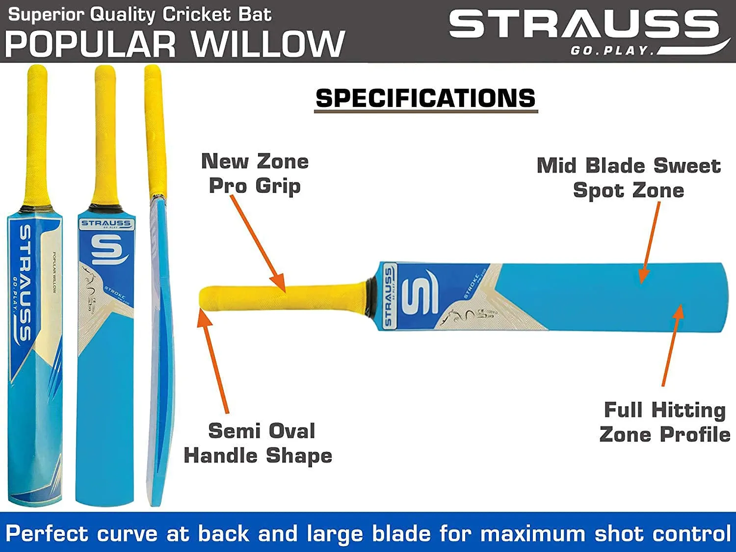 Strauss PW-200 Popular Willow Cricket Bat with Ball, Blue