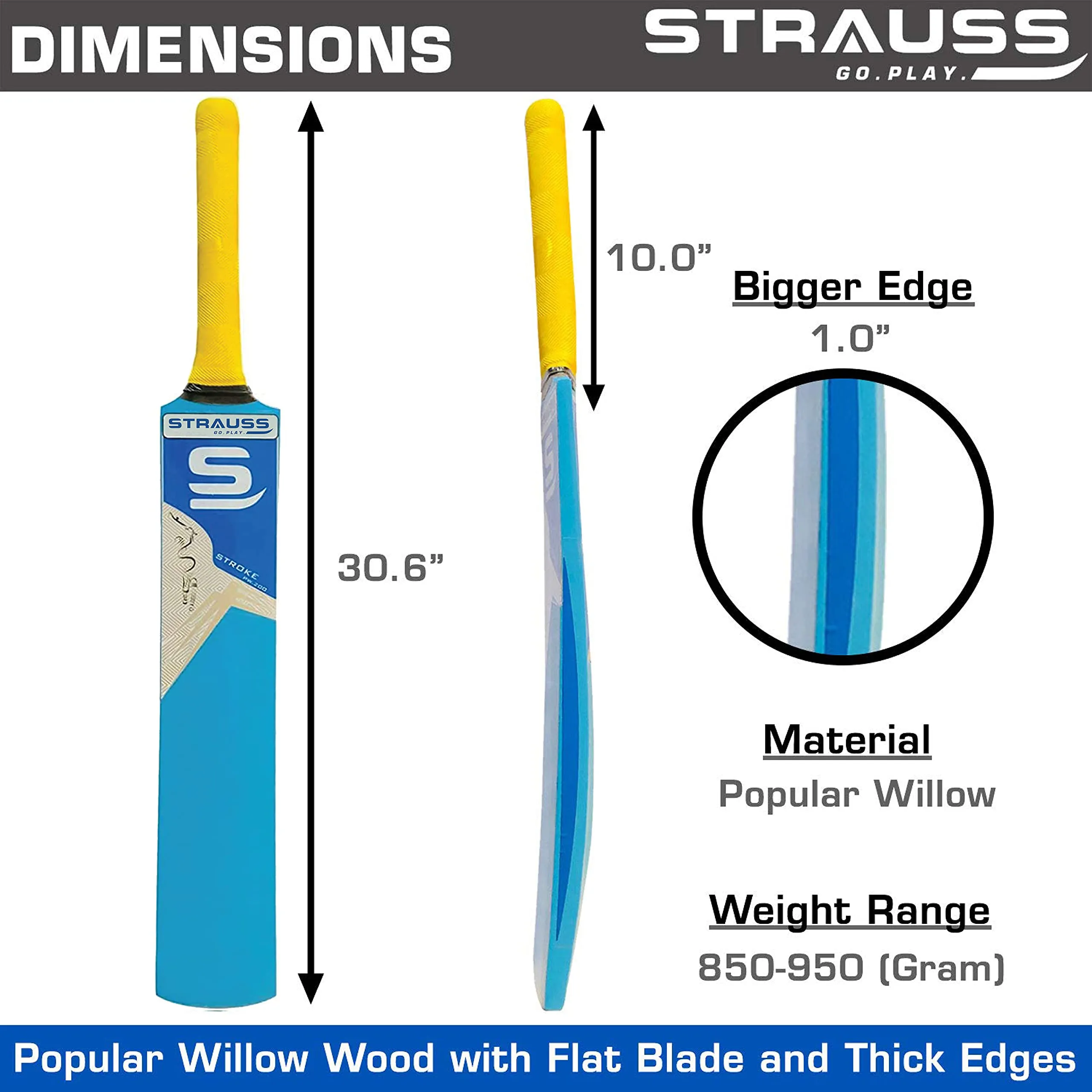 Strauss PW-200 Popular Willow Cricket Bat with Ball, Blue