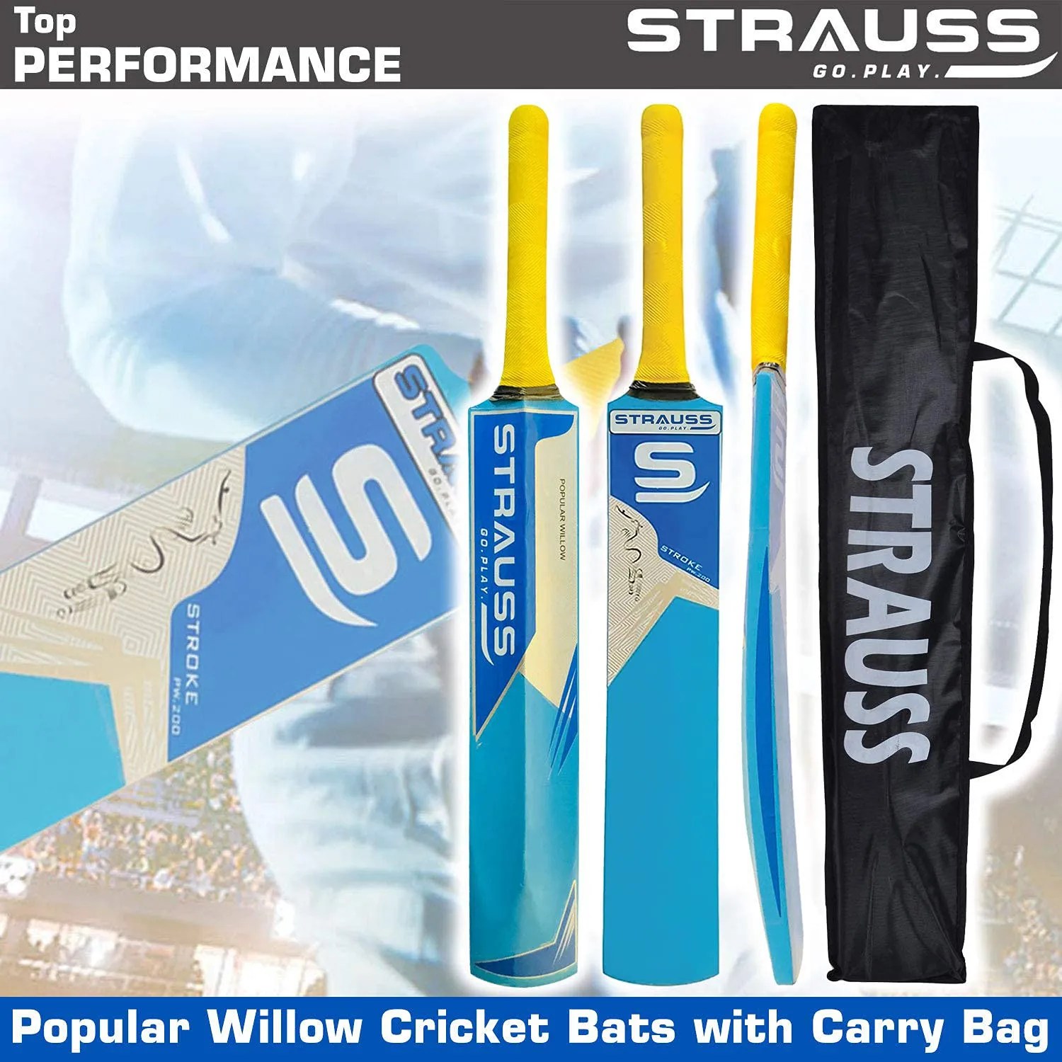 Strauss PW-200 Popular Willow Cricket Bat with Ball, Blue