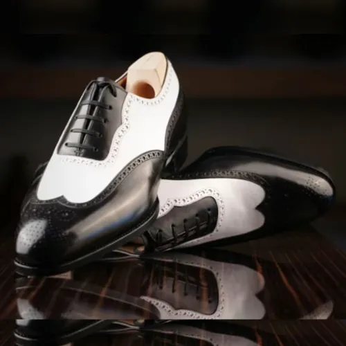 Tailor Made Handmade Two Tone Black & White Leather Lace up Wingtip Brogue Men's Shoes