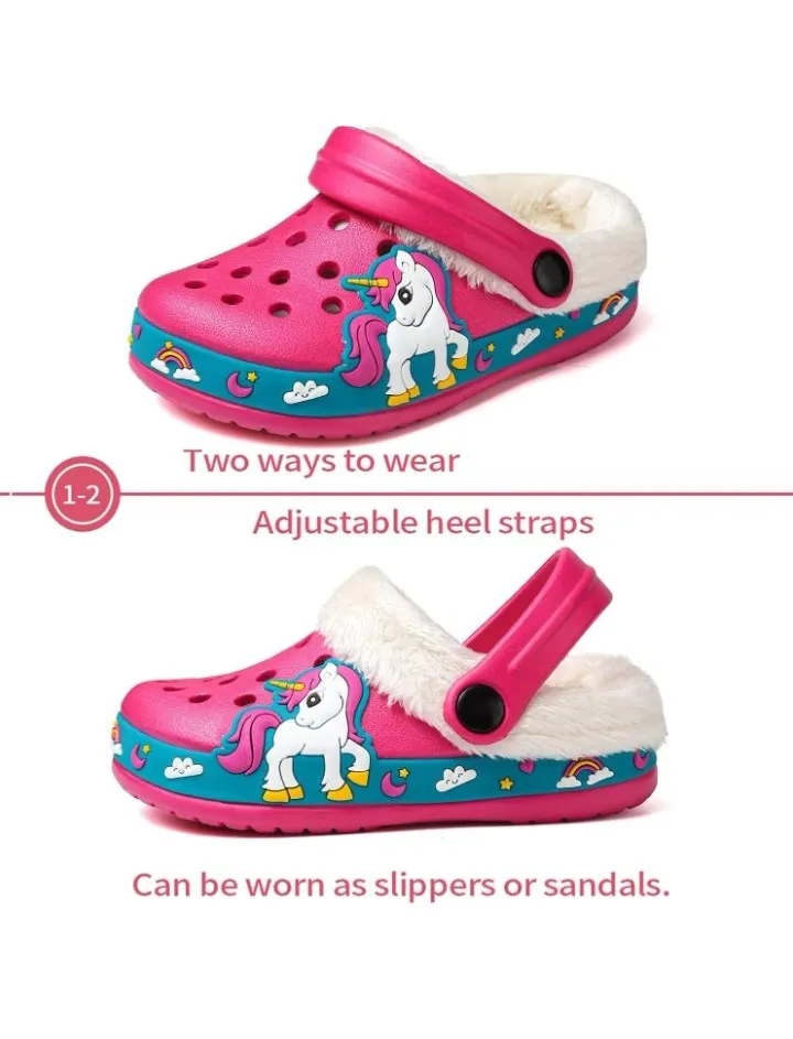 Toddler Lined Clog Slippers Winter Garden Sandals Kids House Shoes Warm Slip On Sneakers Cartoon Slides for Boys and Girls