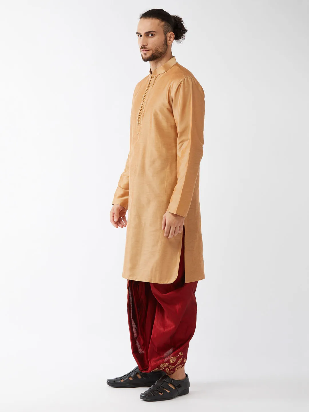 VASTRAMAY Men's Gold Kurta With Dhoti