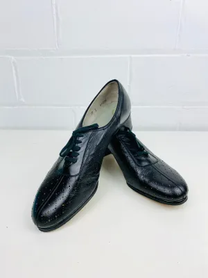 Vintage Deadstock Shoes, Women's 1980s Black Leather Oxford's, Cuban Heels, NOS, P514