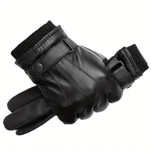 WarmthMaster Men's Insulated Black PU Leather Gloves - Water-Resistant, Flannel Lined, Short Length, Pull-On Closure, Dry Clean Only - Perfect for Outdoor Activities, Skiing, and Winter Sports