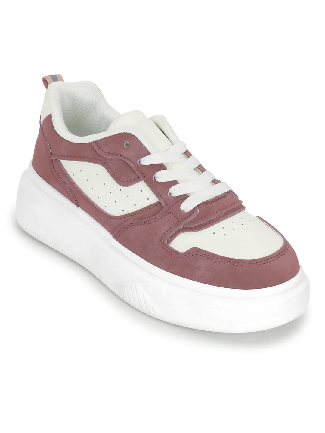 White Burgundy Suede Stylish Lace-Up Sneakers (TC-RS3609-WHTBUR)