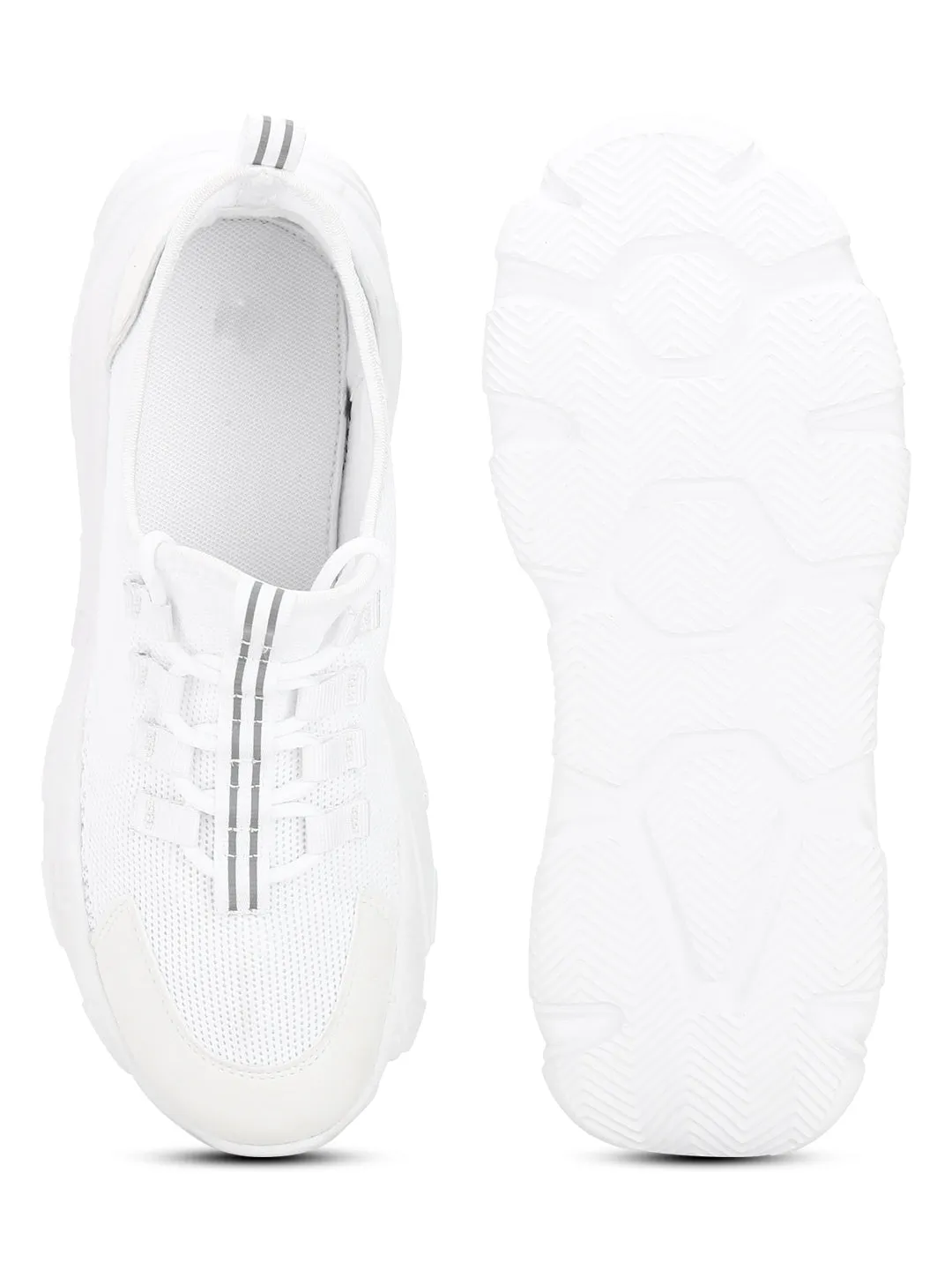 White Knitted Cleated Bottom Lace-Up Chunky Sneakers