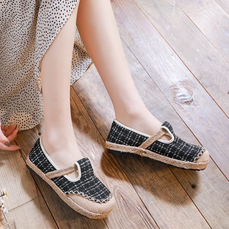 Women's Linen Literary Pumps Sewing Thread Plaid Canvas Shoes