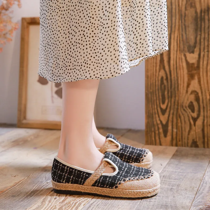 Women's Linen Literary Pumps Sewing Thread Plaid Canvas Shoes