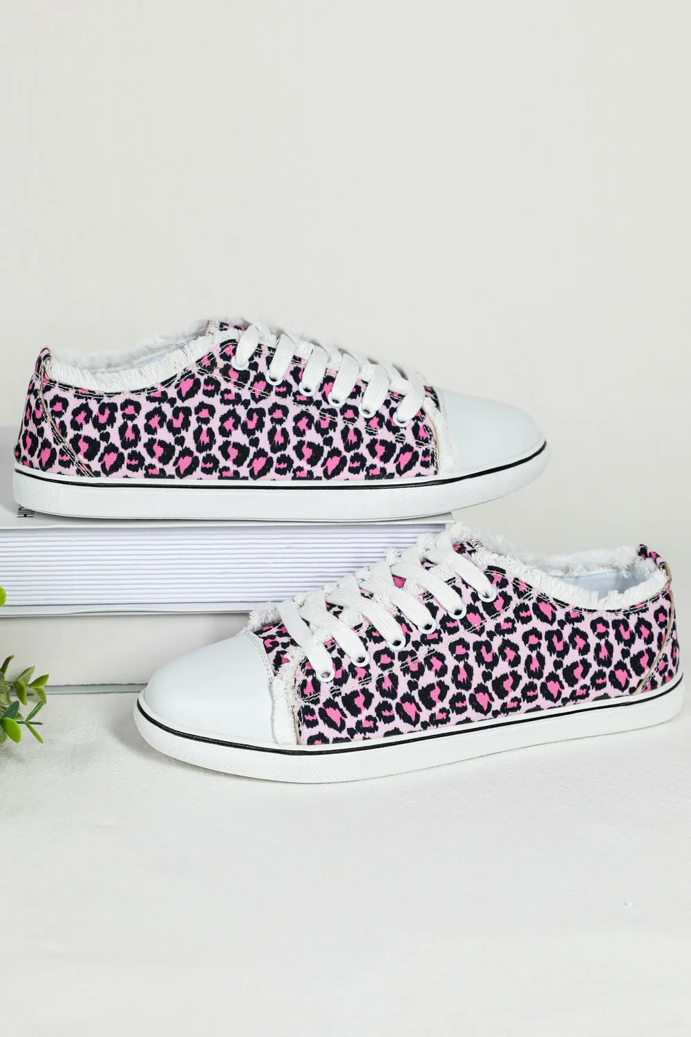 Women's Pink Leopard Print Lace Up Canvas Shoes