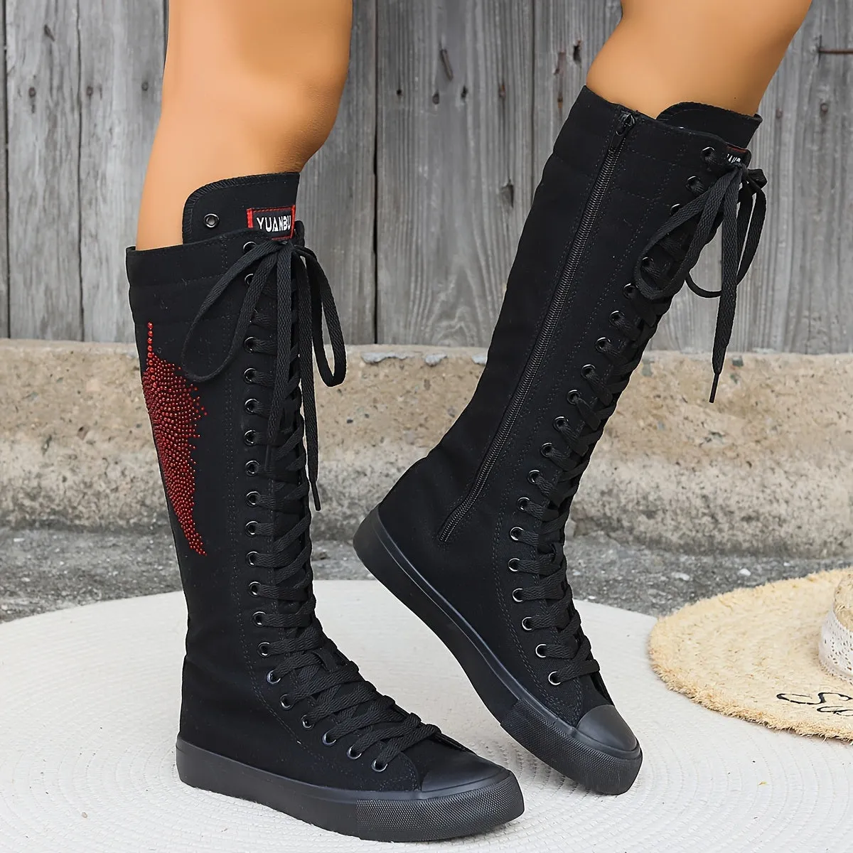 Women's Thigh-High Fashion Comfortable Knee-High Canvas Boots With Inner Zipper, Student Sneakers Canvas Shoes